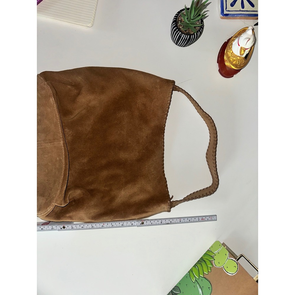 Tan Suede Whipstitch Hobo Shoulder Bag Genuine‎ Leather RN 75343 Made in India - Picture 2 of 10